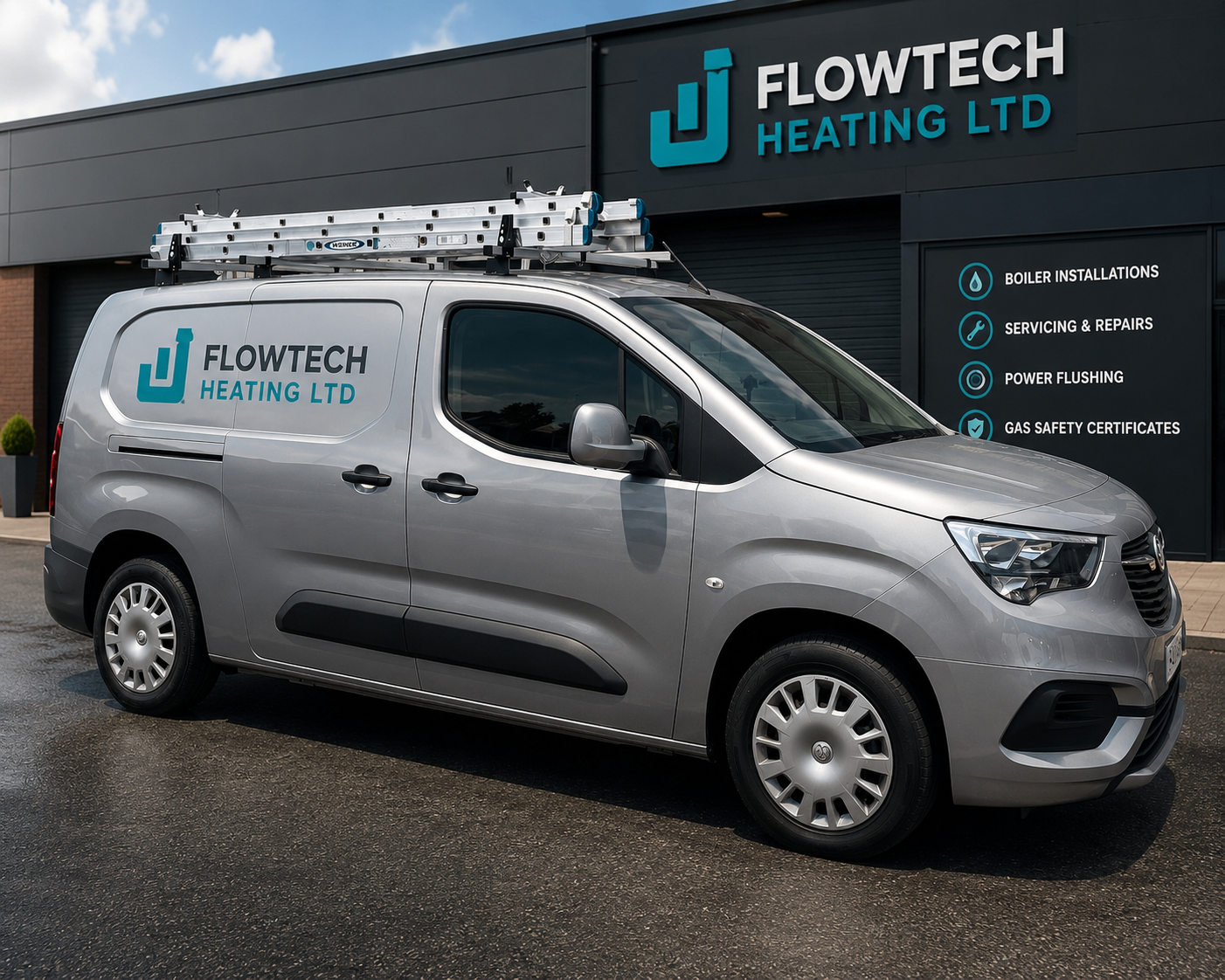 Flowtech Heating van parked outside Toolstation in West Bridgford