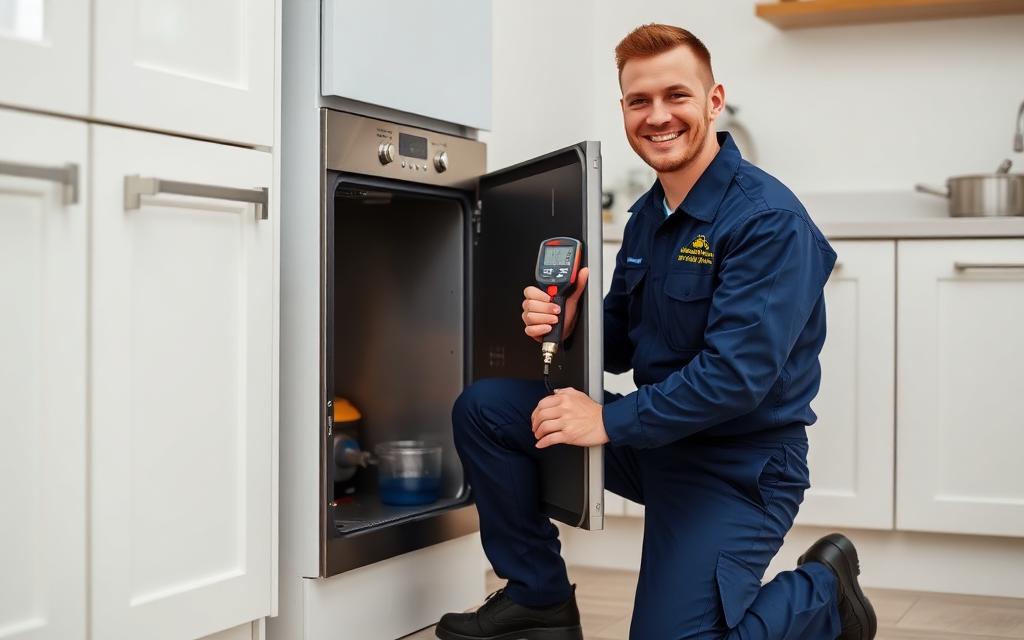 Gas Safe registered heating engineer servicing a boiler in a kitchen