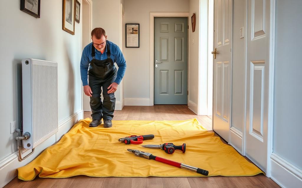 Heating engineer laying dust sheets before starting work in a home