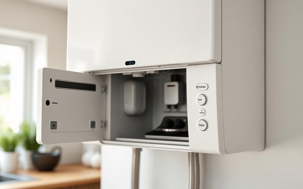 New white combi boiler with front panel open showing clean components