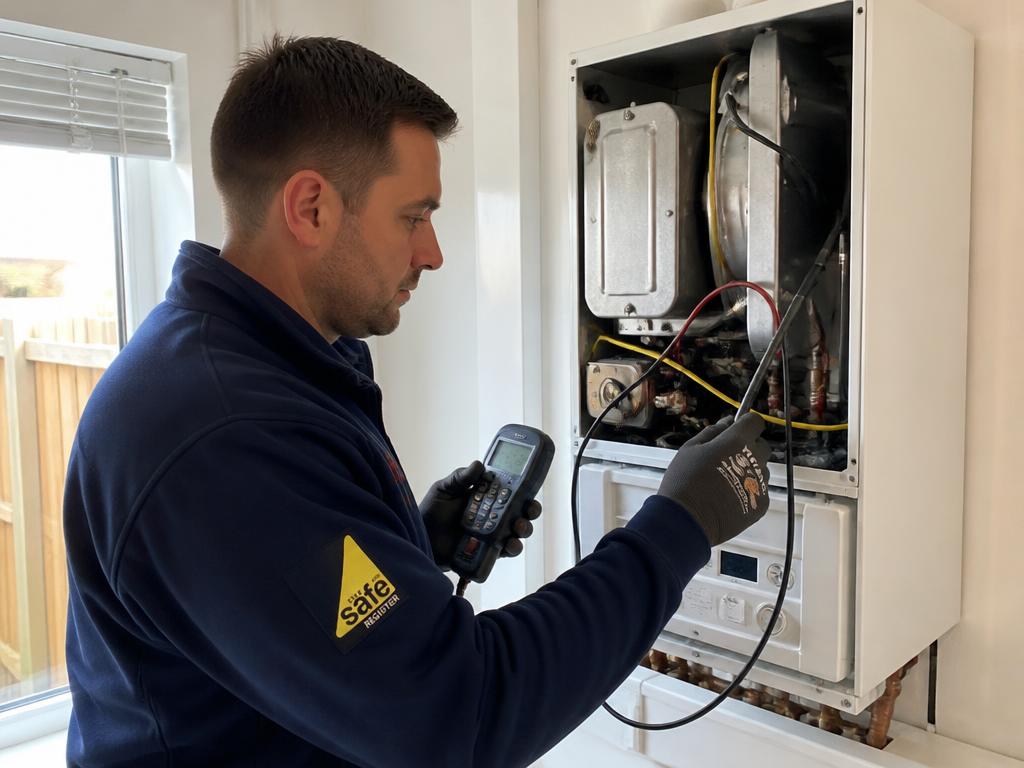 Gas Safe engineer servicing a wall-mounted boiler