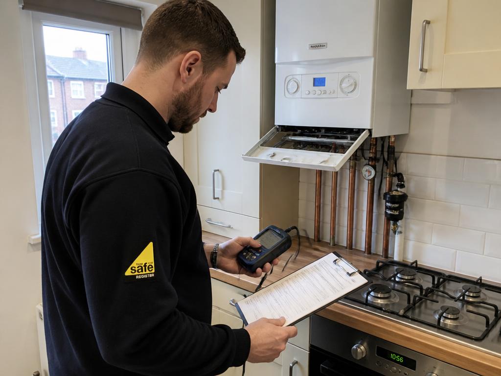 Engineer carrying out a gas safety check on a boiler in a rental property