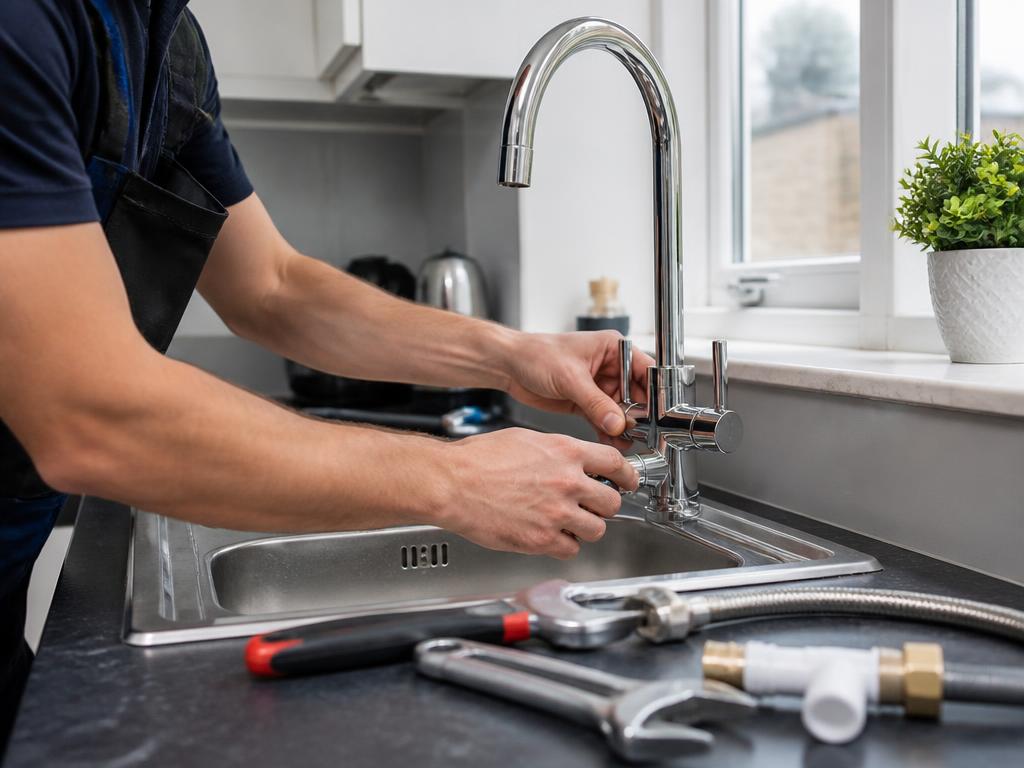 Plumber fitting a new chrome kitchen tap